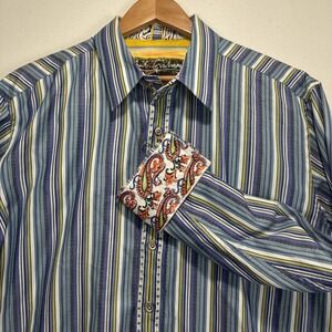 Robert Graham  Striped Floral Embroider Men's Button Down Shirt Blue Size L